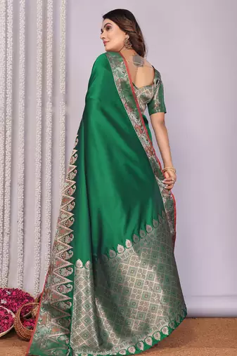 Pine green silk blend zari jacquard weaving banarasi saree with zari weaving border