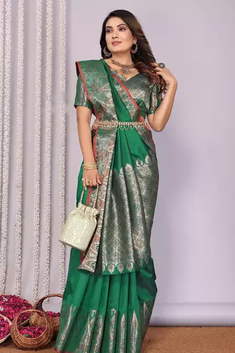 Pine green silk blend zari jacquard weaving banarasi saree with zari weaving border
