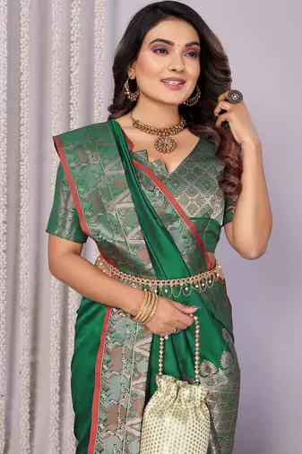 Pine green silk blend zari jacquard weaving banarasi saree with zari weaving border