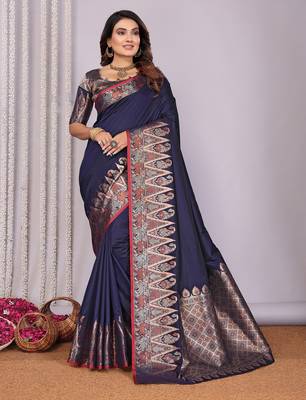 Navy blue silk blend zari jacquard weaving banarasi saree with zari weaving border 1