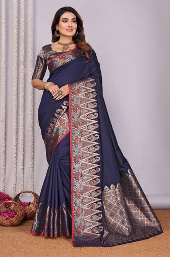 Navy blue silk blend zari jacquard weaving banarasi saree with zari weaving border