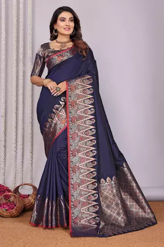 Navy blue silk blend zari jacquard weaving banarasi saree with zari weaving border