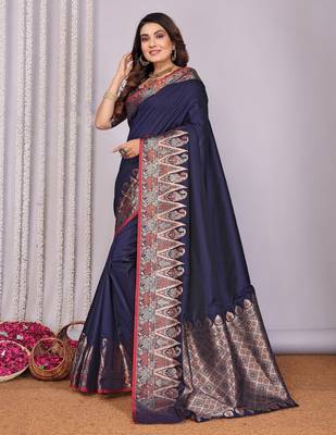 Navy blue silk blend zari jacquard weaving banarasi saree with zari weaving border 2