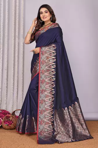 Navy blue silk blend zari jacquard weaving banarasi saree with zari weaving border