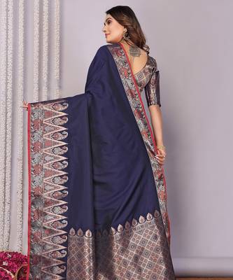Navy blue silk blend zari jacquard weaving banarasi saree with zari weaving border 3