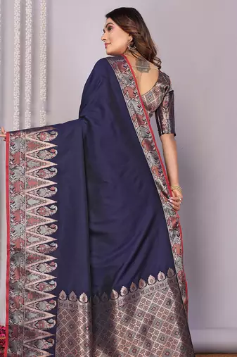 Navy blue silk blend zari jacquard weaving banarasi saree with zari weaving border