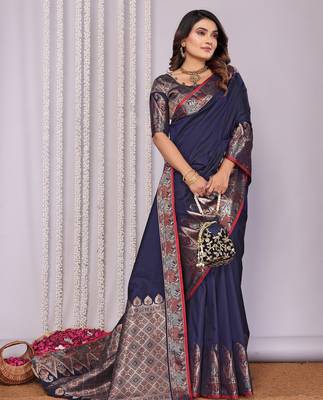 Navy blue silk blend zari jacquard weaving banarasi saree with zari weaving border 4