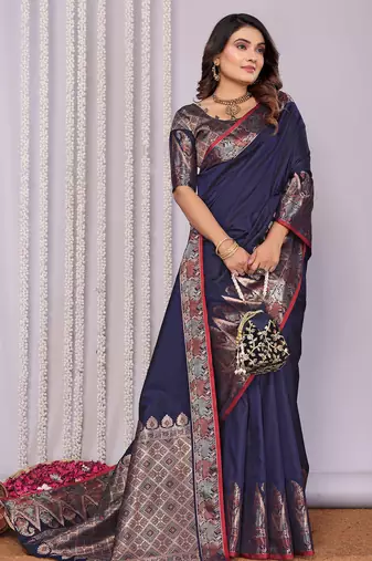 Navy blue silk blend zari jacquard weaving banarasi saree with zari weaving border
