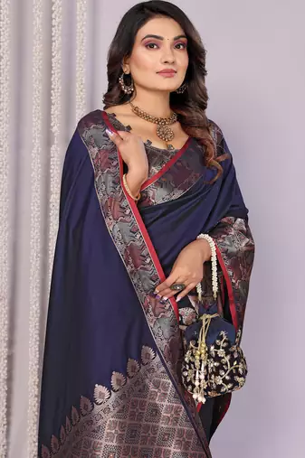 Navy blue silk blend zari jacquard weaving banarasi saree with zari weaving border