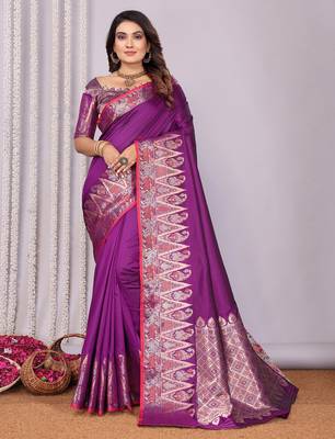 Purple silk blend zari jacquard weaving banarasi saree with zari weaving border 1