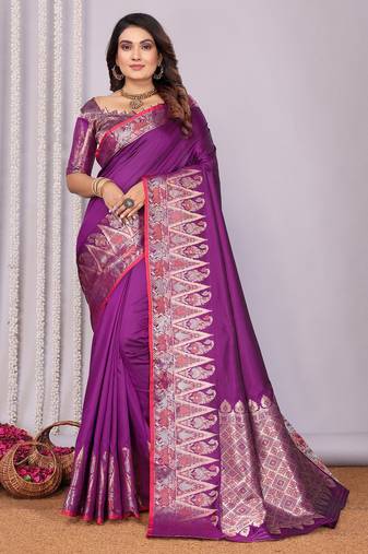 Purple silk blend zari jacquard weaving banarasi saree with zari weaving border