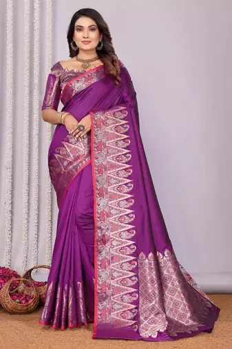 Purple silk blend zari jacquard weaving banarasi saree with zari weaving border