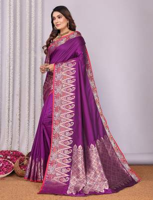 Purple silk blend zari jacquard weaving banarasi saree with zari weaving border 2
