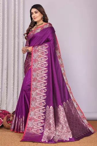 Purple silk blend zari jacquard weaving banarasi saree with zari weaving border