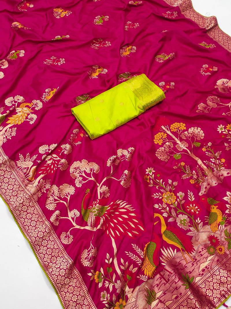 Soft dolla silk blend saree with zari weaving meenakari design