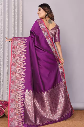 Purple silk blend zari jacquard weaving banarasi saree with zari weaving border