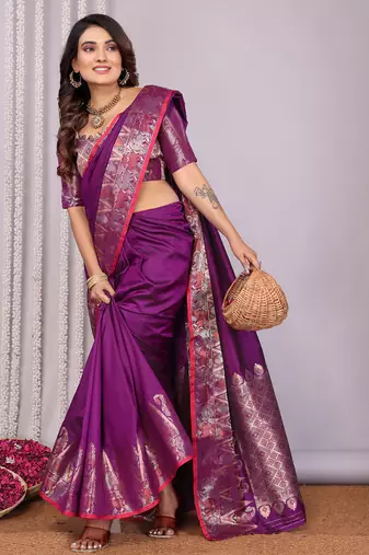 Purple silk blend zari jacquard weaving banarasi saree with zari weaving border