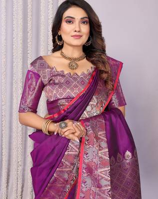 Purple silk blend zari jacquard weaving banarasi saree with zari weaving border 5