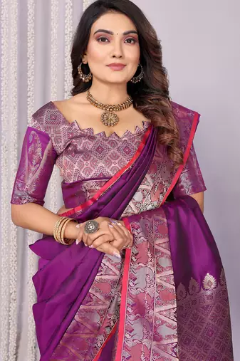 Purple silk blend zari jacquard weaving banarasi saree with zari weaving border