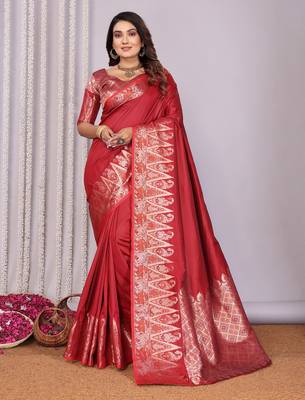 Red silk blend zari jacquard weaving banarasi saree with zari weaving border 1