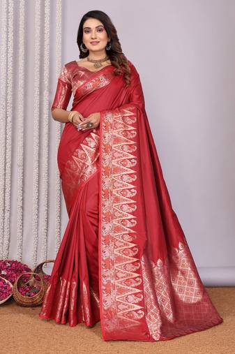 Red silk blend zari jacquard weaving banarasi saree with zari weaving border