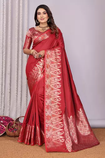 Red silk blend zari jacquard weaving banarasi saree with zari weaving border
