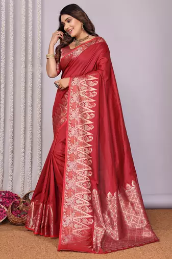 Red silk blend zari jacquard weaving banarasi saree with zari weaving border