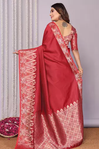 Red silk blend zari jacquard weaving banarasi saree with zari weaving border