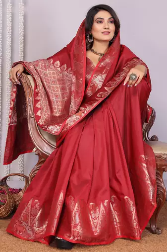 Red silk blend zari jacquard weaving banarasi saree with zari weaving border