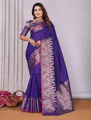 Royal blue silk blend zari jacquard weaving banarasi saree with zari weaving border 1