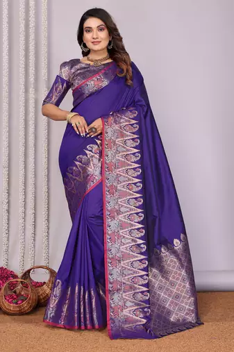 Royal blue silk blend zari jacquard weaving banarasi saree with zari weaving border