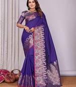 Royal blue silk blend zari jacquard weaving banarasi saree with zari weaving border