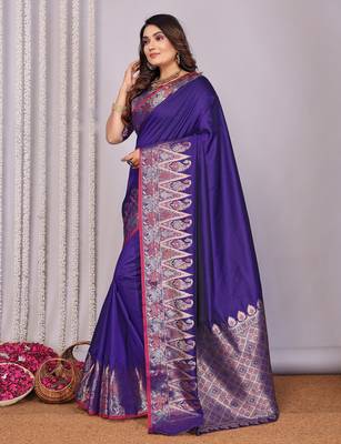 Royal blue silk blend zari jacquard weaving banarasi saree with zari weaving border 2