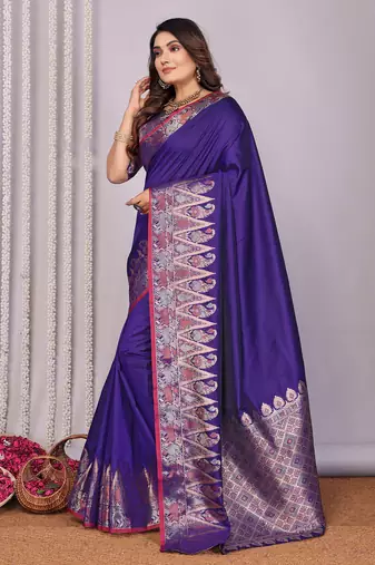 Royal blue silk blend zari jacquard weaving banarasi saree with zari weaving border