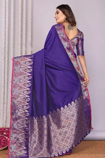 Royal blue silk blend zari jacquard weaving banarasi saree with zari weaving border