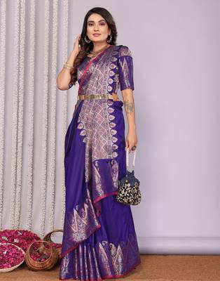 Royal blue silk blend zari jacquard weaving banarasi saree with zari weaving border 4