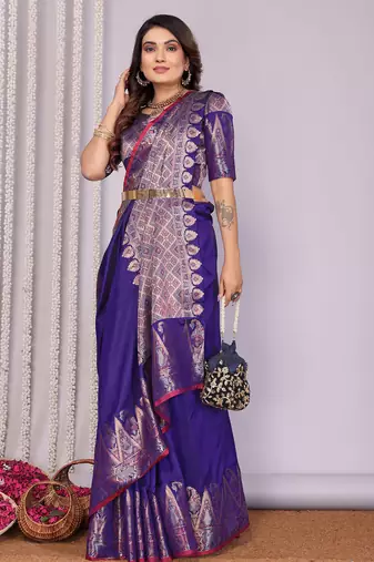 Royal blue silk blend zari jacquard weaving banarasi saree with zari weaving border