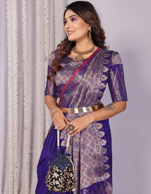 Royal blue silk blend zari jacquard weaving banarasi saree with zari weaving border 5