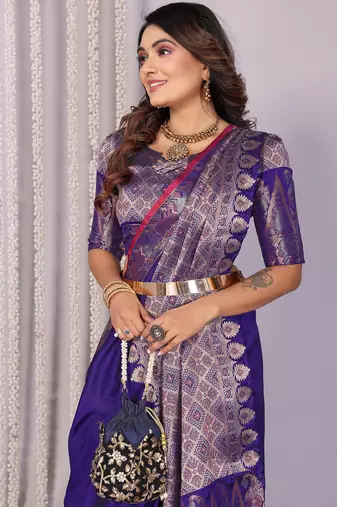 Royal blue silk blend zari jacquard weaving banarasi saree with zari weaving border