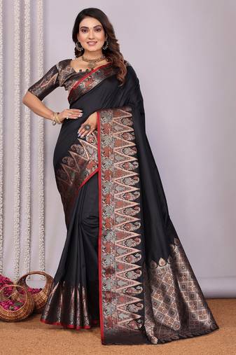Black silk blend zari jacquard weaving banarasi saree with zari weaving border