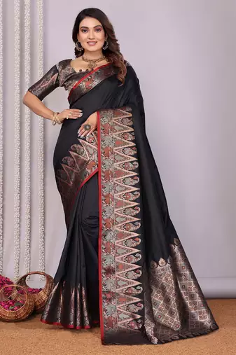 Black silk blend zari jacquard weaving banarasi saree with zari weaving border