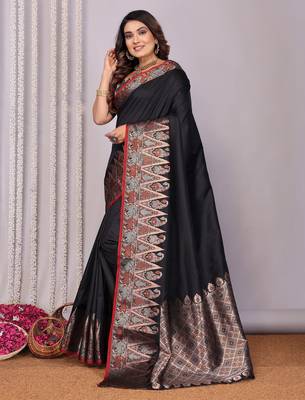 Black silk blend zari jacquard weaving banarasi saree with zari weaving border 2