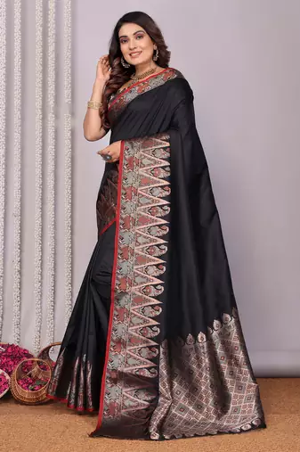 Black silk blend zari jacquard weaving banarasi saree with zari weaving border