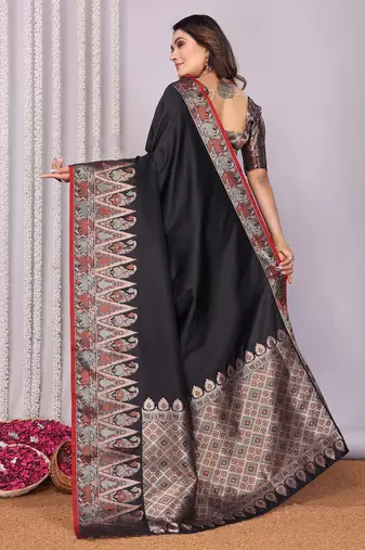 Black silk blend zari jacquard weaving banarasi saree with zari weaving border
