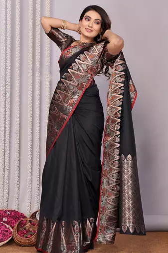 Black silk blend zari jacquard weaving banarasi saree with zari weaving border