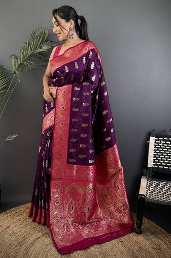 Purple silk blend paisley zari weaving banarasi saree with contrast border