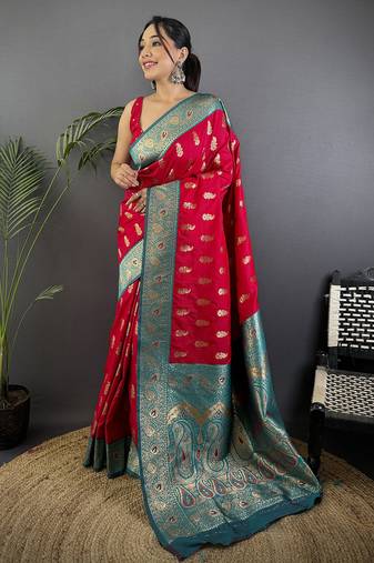 Red silk blend paisley zari weaving banarasi saree with contrast border