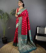 Red silk blend paisley zari weaving banarasi saree with contrast border