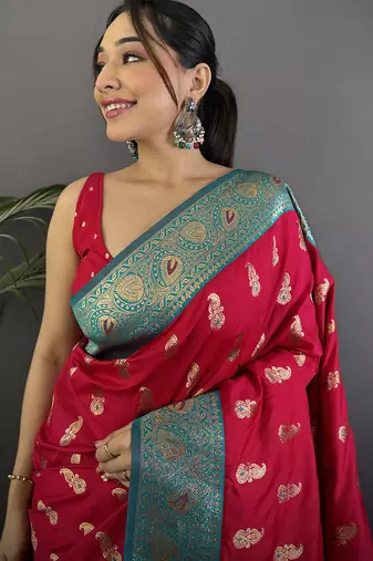 Red silk blend paisley zari weaving banarasi saree with contrast border
