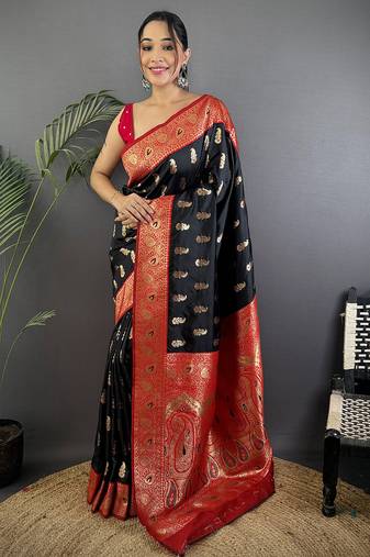 Black silk blend paisley zari weaving banarasi saree with contrast border
